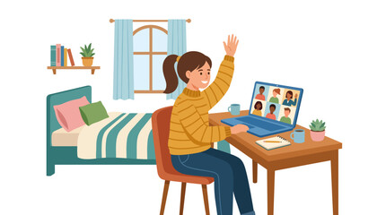 Fototapeta premium Happy Girl Attending Online School Program from Home, Raising Hand to Answer Question