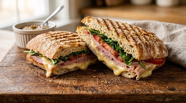 Hot pressed panini sandwich cut in half on a rustic wooden cutting board features golden grill marks, melted gouda, ham, and fresh arugula.