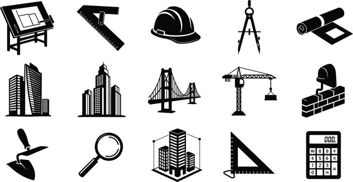 Set of Fifteen Architecture and Construction Vector Icons Featuring Drafting Tools, Buildings, Bridges, Cranes, Helmets, Blueprints, and Engineering Design Symbols