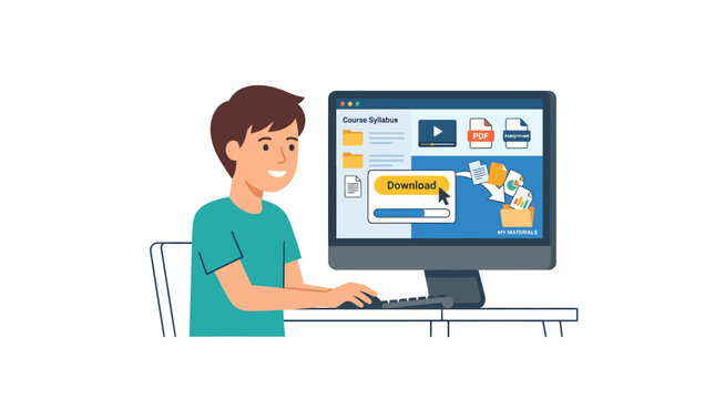 Boy learning on computer, online school program, homeschooling, digital education, download syllabus