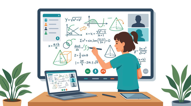 Online School Education: Student Learning Math Equations on Digital Whiteboard During Homeschooling Session