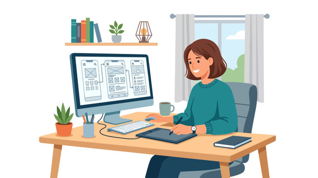 Young woman studying and working on computer at home desk, online education and remote learning concept