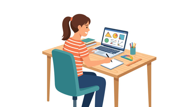 Girl learning geometry on laptop during homeschooling, online school programs, digital education at home
