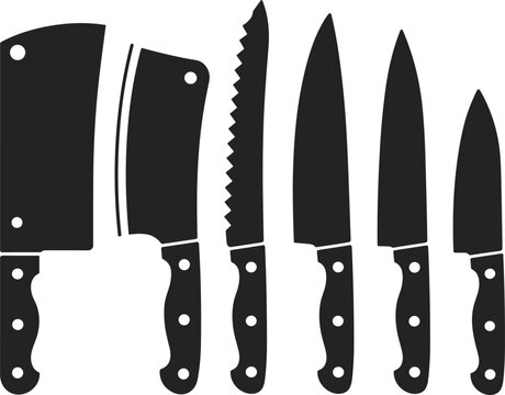 Kitchen knife silhouettes set, chef and butcher knives collection in black style, cooking tools vector illustration