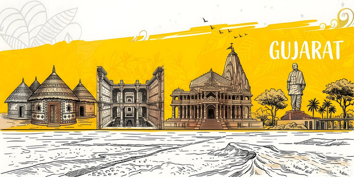 Gujarat Cultural Heritage Illustration: Artistic Sketch of Statue of Unity, Somnath Temple, Rani ki Vav Stepwell, and Traditional Kutch Bhunga Huts with Vibrant Yellow Splash for Graphic Wall Decor.