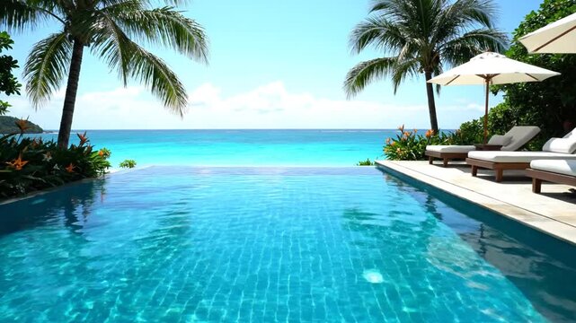 Tranquil infinity pool overlooking ocean and palm trees under blue sky