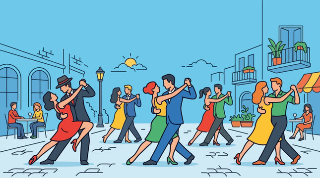 Diverse couples dancing tango in an open air city square.