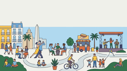 Diverse people enjoying outdoor leisure activities in a vibrant city square. © Rizky Arshad