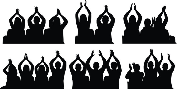 Crowd silhouette vector set with people sitting in chairs clapping hands and applauding audience at theater concert isolated on white background