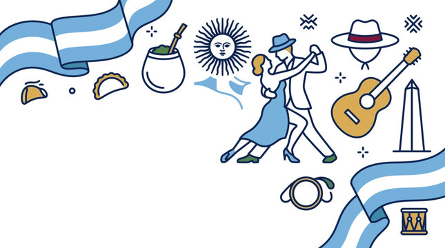 Argentina Cultural Symbols and Tango Dancers Illustration.