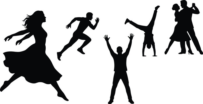 Joyful people silhouettes collection with dynamic dancing jumping running man doing cartwheel and romantic couple dancing ballroom isolated on white background