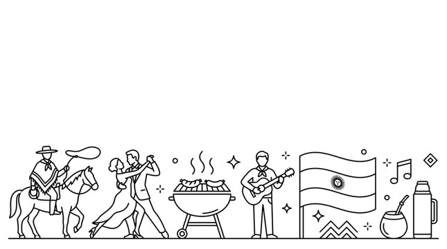 Argentina culture line art banner with traditional symbols and icons.