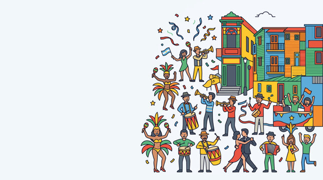 Colorful illustration of people dancing and playing music at a festive street carnival celebration.