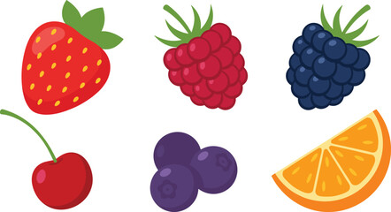 Vibrant Vector Illustration of Fresh Summer Berries and Fruits Including Strawberry Raspberry Blackberry Cherry Blueberry and Juicy Orange Slice © Arifa
