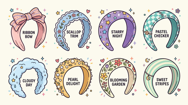 A collection of eight cute and stylish headbands featuring various designs like ribbon bows, scallops, stars, checkers, clouds, pearls, flowers, and stripes.