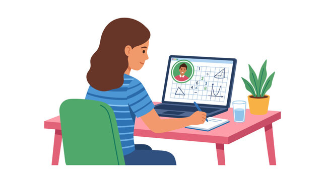 Young girl studying online using a laptop for homeschooling and online school programs, learning math from home.