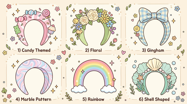 A collection of six adorable pastel-colored headband designs featuring various themes like candy, floral, gingham, marble, rainbow, and shell shapes, presented as cute illustrations.