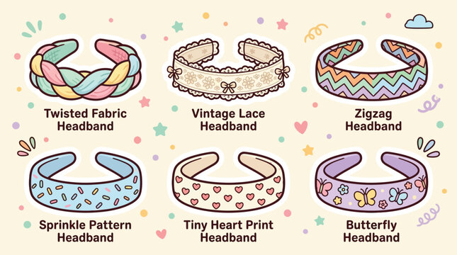 A collection of six cute and colorful headbands featuring various designs like twisted fabric, vintage lace, zigzag, sprinkles, tiny hearts, and butterflies, set against a playful background.