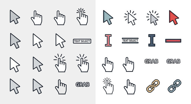 Various computer cursor and hand pointer icons in different colors and styles are shown