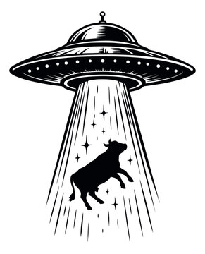Vintage line art illustration of a UFO and cow depicting an alien abduction for a sci-fi theme