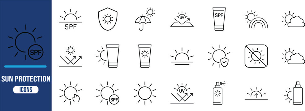 Sun protection spf uv vector icons. sunscreen icon set, sun icon set, spf icon set