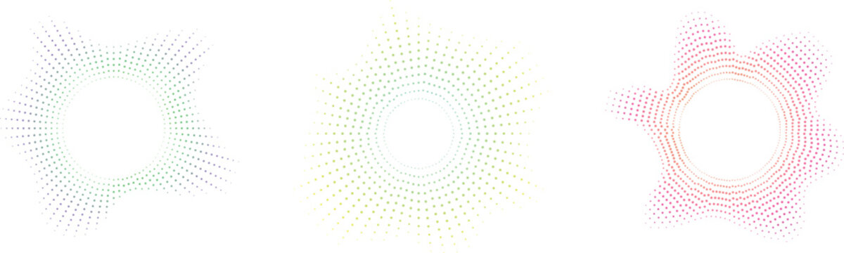 Set of three abstract circular dotted radial patterns isolated on transparent background illustrating digital sound frequency waves in vibrant gradient colors for creative design