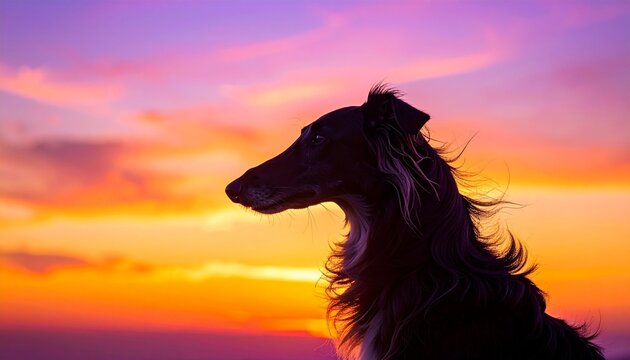 夕焼け空のボルゾイ横顔シルエット3