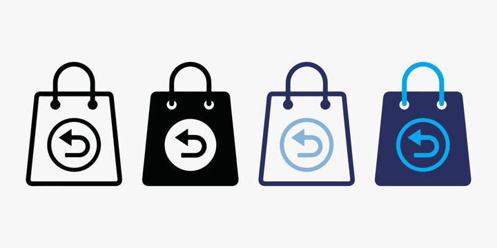 Shopping bag with return arrow icon set, e-commerce symbol for refund or exchange