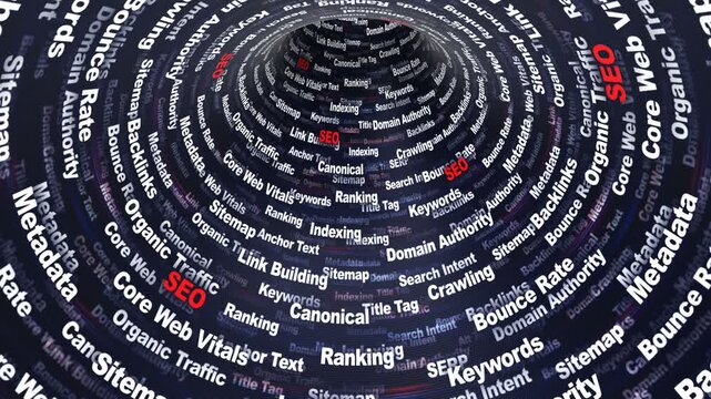 SEO Keywords Animation on Tunnel Walls, Background, Loop
