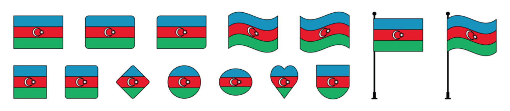 Azerbaijan flag Azerbaijan national flag icon with black outline stroke featuring rectangle wave heart circle diamond shield and flagpole shapes vector illustration