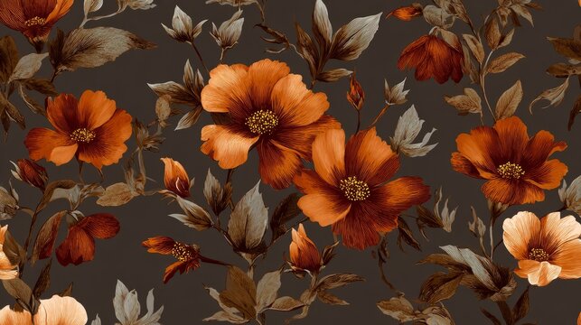 Autumn inspired feminine seamless floral pattern featuring delicate wildflowers in warm orange and brown tones, repeating botanical design for textile fabric, wallpaper, wrapping paper and elegant sea