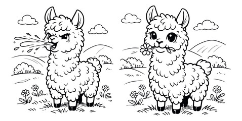 Fototapeta premium Hand drawn line art cartoon llama set featuring one spitting and another holding a flower for children's book illustrations