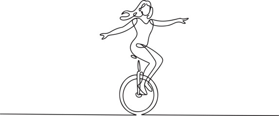 Single one line drawing a young beautiful woman riding a unicycle. Strong and brave woman. Entertaining the audience. Very balanced.one line Art icon drawing vector © Hossen