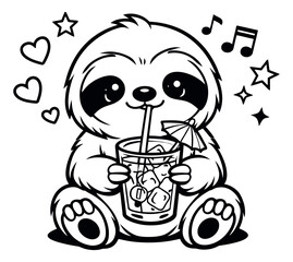 Fototapeta premium Cute line art illustration of a happy sloth depicting drinking a refreshing cocktail for summer designs