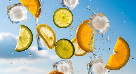 Fresh citrus fruit slices and ice cubes splashing in water with splash water, food photography