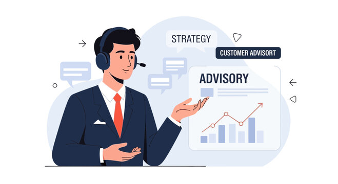 Business advisor with headset and growth chart, customer support concept