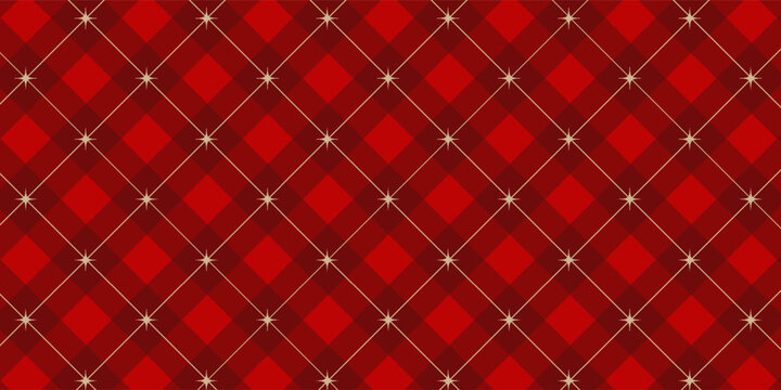 Seamless Christmas rhombus pattern. Christmas plaid texture with gold lines and stars. 