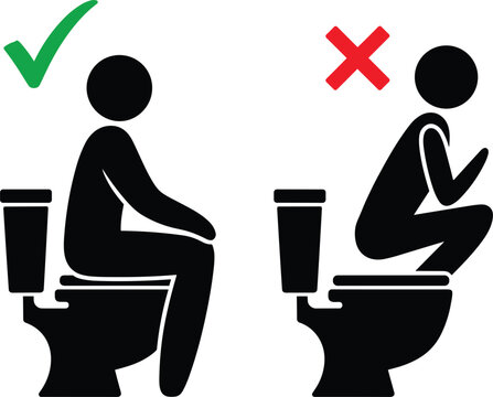 Toilet usage icons set, correct sitting position and incorrect posture symbols, hygiene vector illustration isolated background