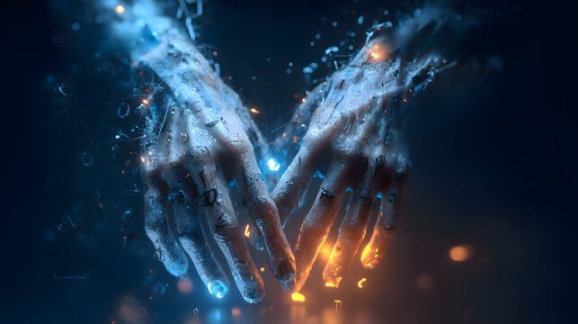 Cybernetic humanoid hands breaking free from digital chains with glowing particles