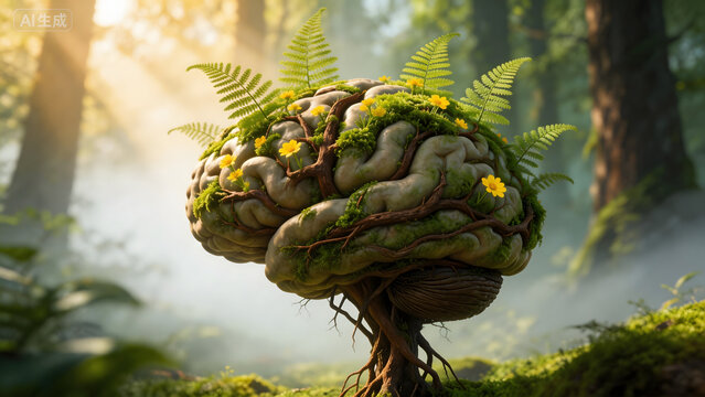 Brain with plants and roots in forest