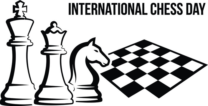 International chess day promotional layout featuring a black knight horse piece on a checkered board background