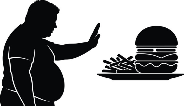 Silhouette of an overweight man making a stop gesture to a plate of fast food for weight loss concept