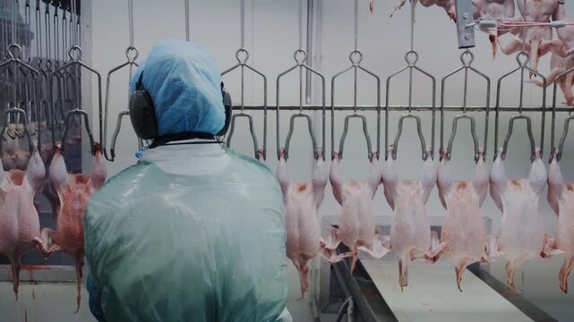 Back view of employee monitoring chicken processing system in factory line