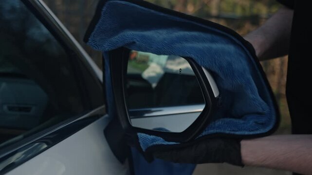 White Man Polishing Side Mirror Housing With Blue Microfiber Cloth Outdoors, Deliberate Circular Motions