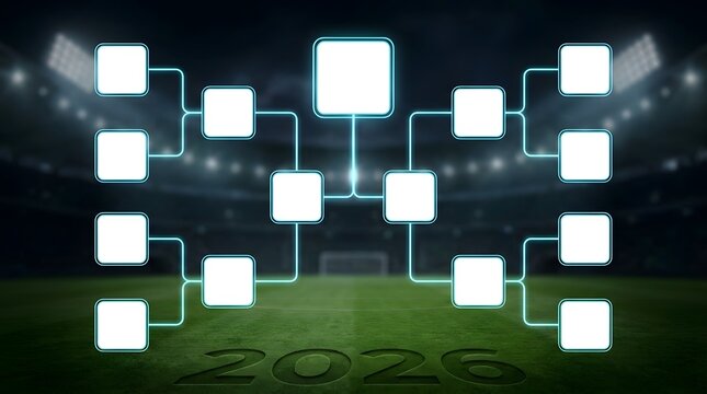 Soccer competition bracket template with rendered imaginary stadium background representing football tournament and sports event planning concept