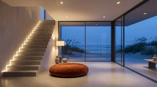 Serene minimalist interior space features smooth concrete stairs, an orange floor cushion, and large windows facing a twilight beach view.