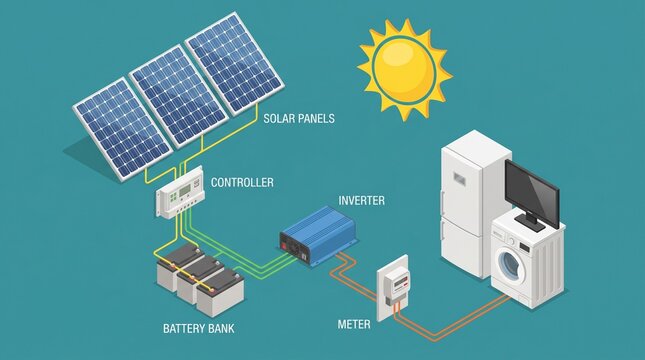 Isometric Solar Panel cell System with Hybrid Inverter, Controller, Battery Bank and Meter designed. Renewable Energy Sources. Backup Power Energy Storage System. See Less