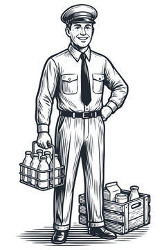 Vector engraving of a smiling vintage milkman in uniform holding a carrier with glass milk bottles. Retro monochrome isolated illustration.