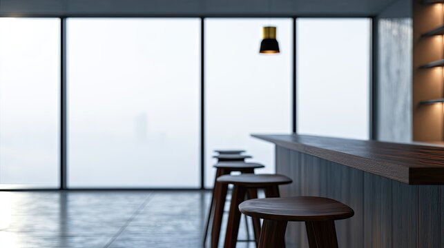Modern bar with wooden stools and a large window with city view