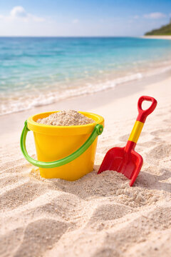 Colorful sand bucket and shovel on a sunny beach